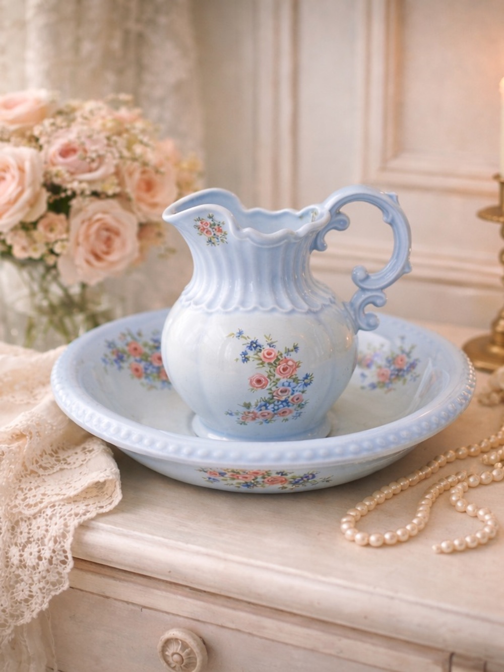 Arnels 1975 Blue Floral Pitcher & Basin Set Cottagecore Farmhouse Bathroom